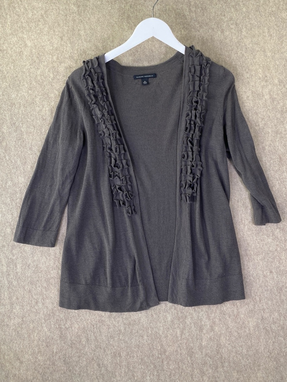 Banana Republic Dark Gray‎ Cotton Blend Ruffle-Trim Open Cardigan